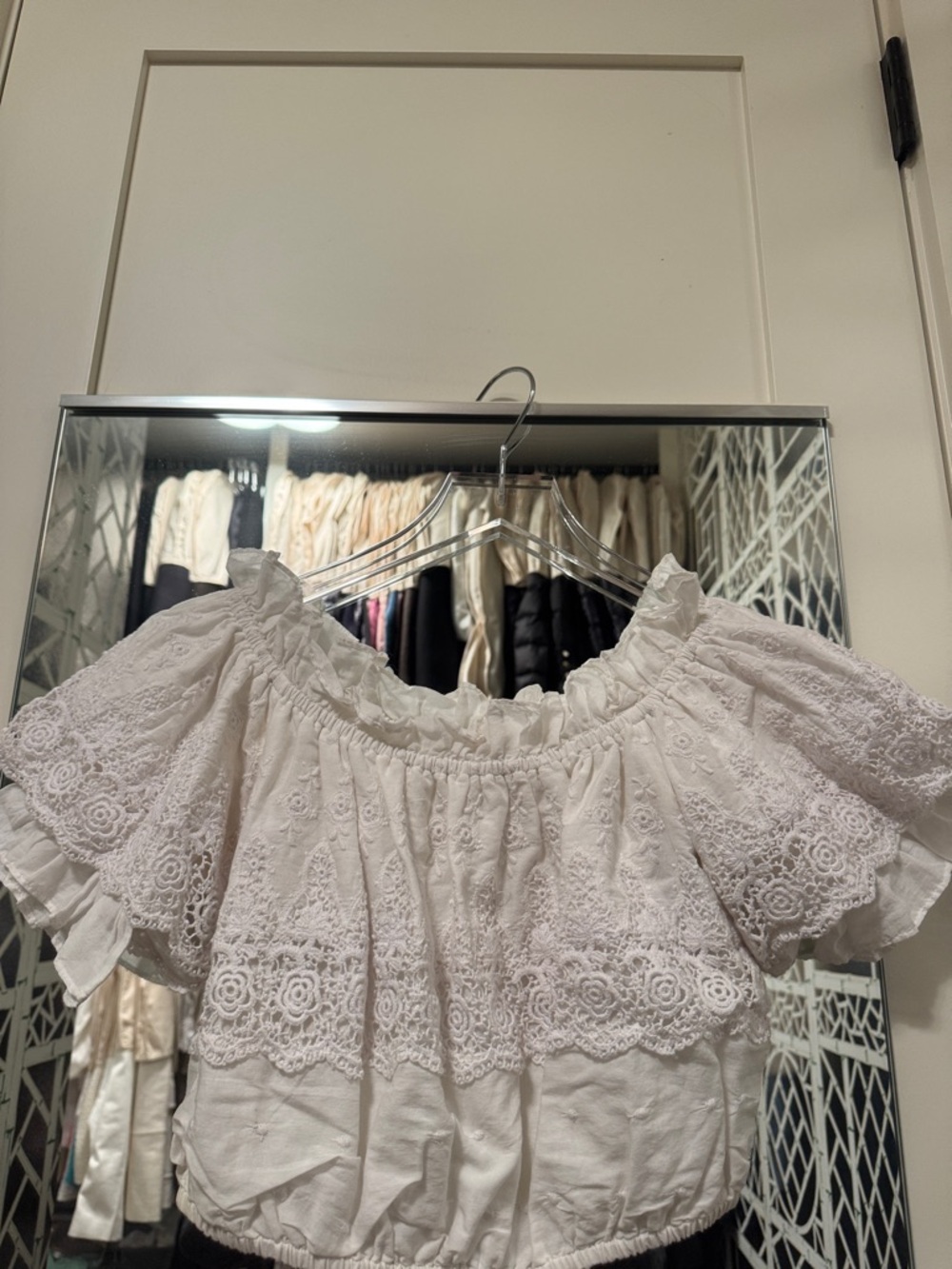 LoveShackFancy White Lace Off-Shoulder Peasant Top
